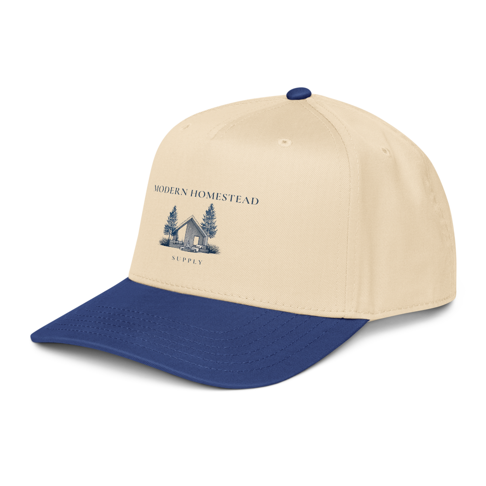 Beige and blue cap with 'Modern Homestead Supply' logo on a white background