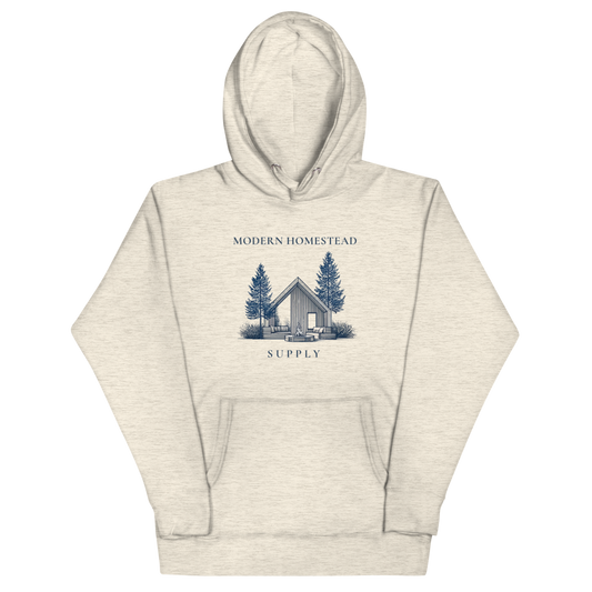 Beige hoodie with 'Modern Homestead Supply' logo on a white background