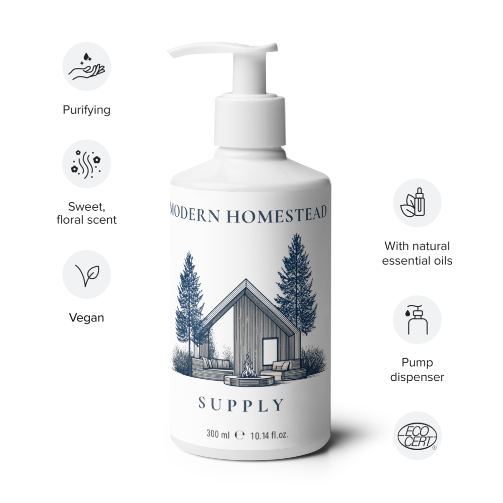 White bottle with pump dispenser labeled 'Modern Homestead Supply' on a white background