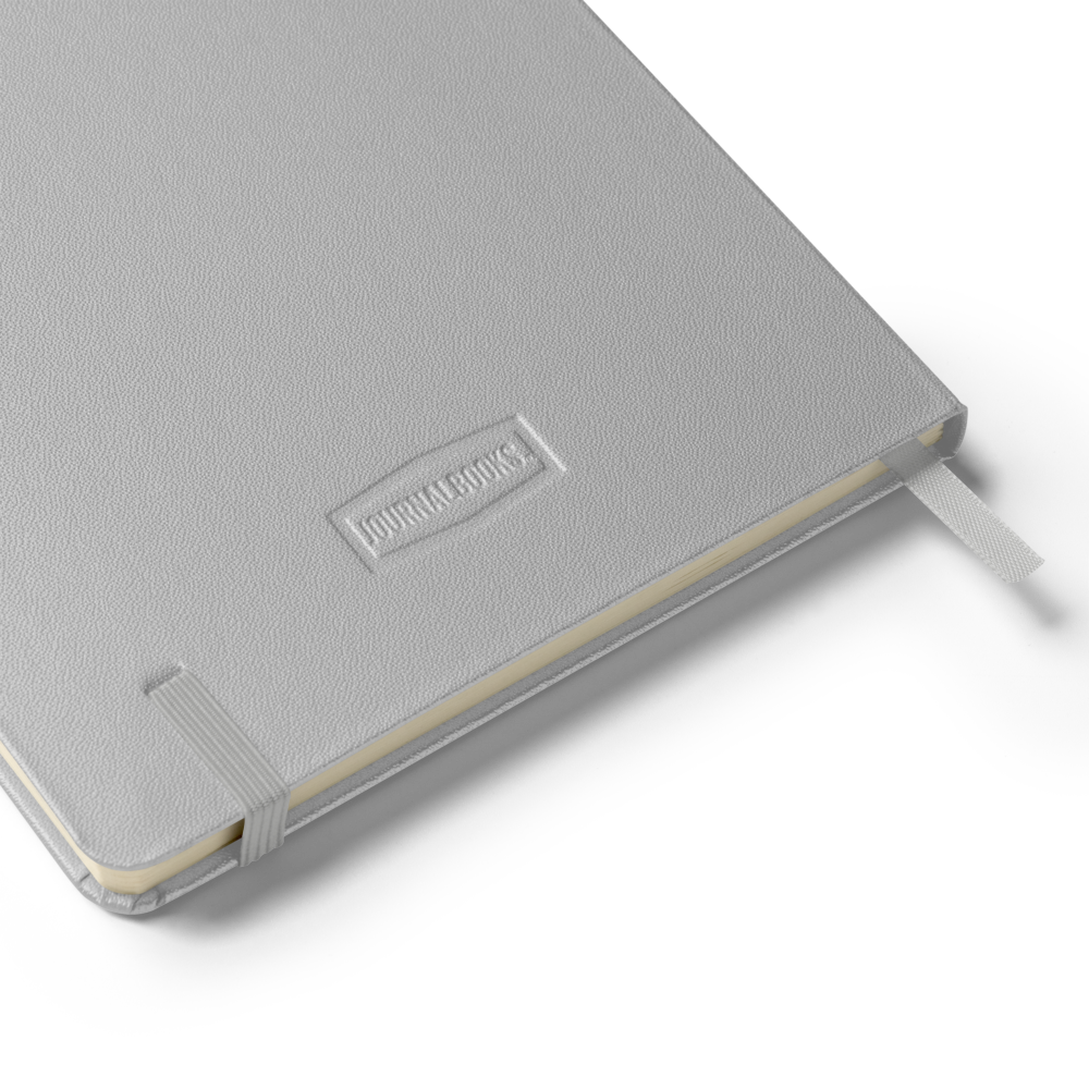 Gray notebook with a visible brand logo on a white background