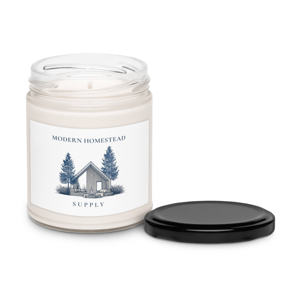 Candle jar with 'Modern Homestead Supply' label on a white background