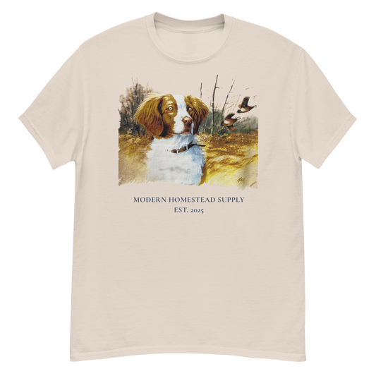 Beige t-shirt with a dog and duck design and 'Modern Homestead Supply' text.