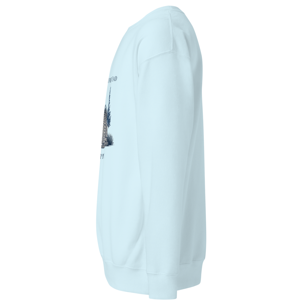 Light blue hoodie with a graphic design on the chest pocket against a white background